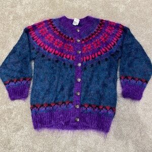 Vintage‎ 90s Icelandic Design Cardigan Mohair Wool Blend Sz M/L Purple Teal Pink
